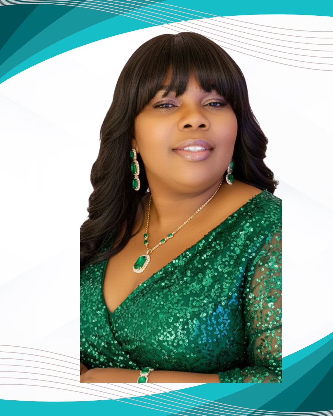 Boladale Gold in an elegant green dress representing the teal and gold MBMB identity